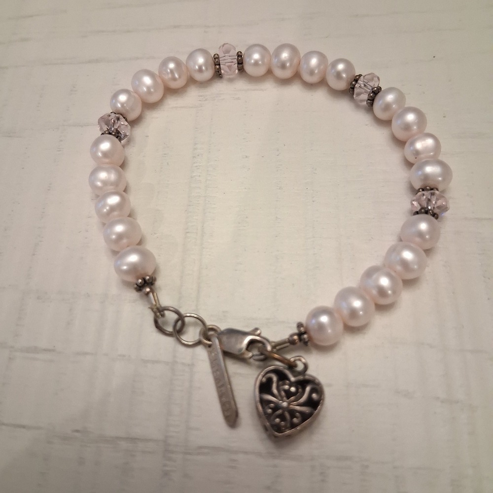 Elizabeth Pink Acrylic Pearl and Crystal Heart Charm Bracelet Silver Tone